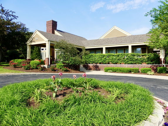Front view of a single-story house with a chimney and surrounded by shrubs.