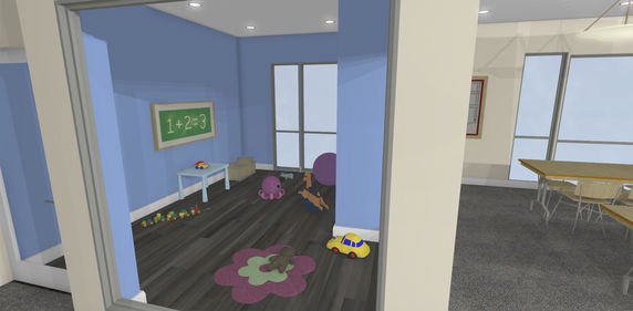 Room with toys and a chalkboard.