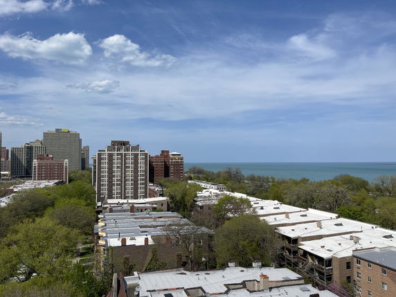 Wide-angle view from a high vantage point showing tall buildings, greenery, and a large body of water in the distance.