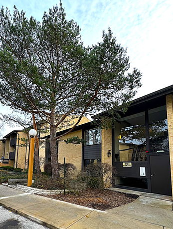 Front view of a two-story building with a glass entrance and a large tree.