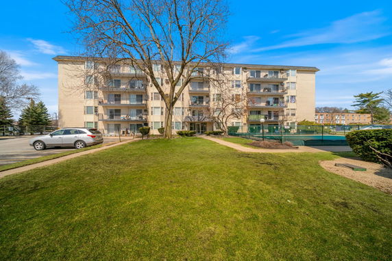 Front view of a multi-story apartment building