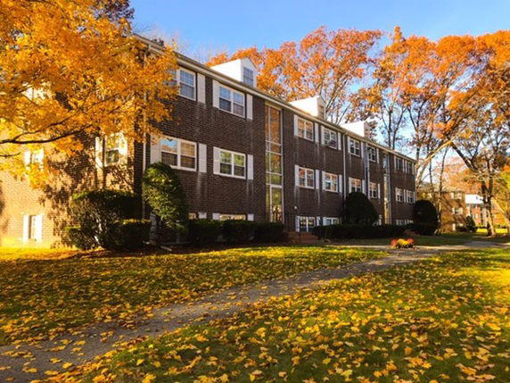 Front view of a multi-story brick building with multiple windows.