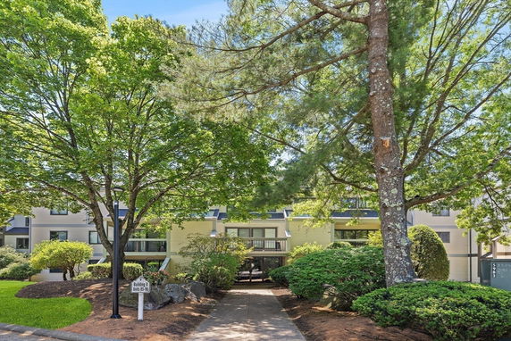 Front view of a multi-story building with balconies and trees in the foreground.