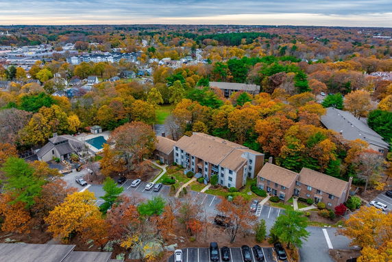 Aerial view of buildings surrounded by autumn foliage.