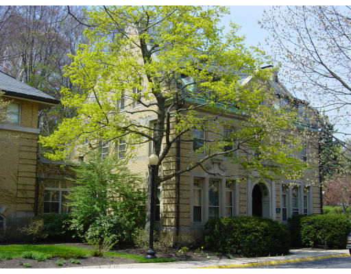 Front view of a two-story house with a tree in front.