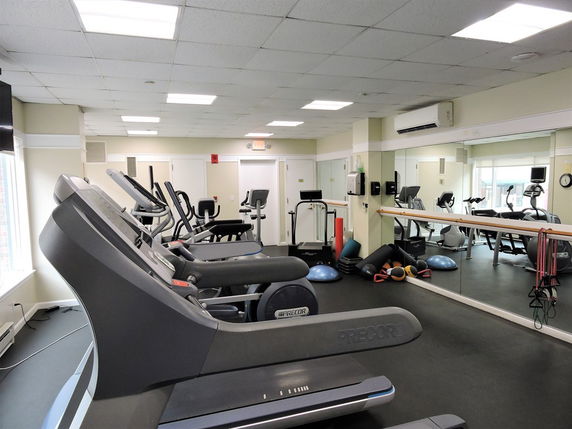 Indoor gym area with exercise equipment, mirrors, and a treadmill.