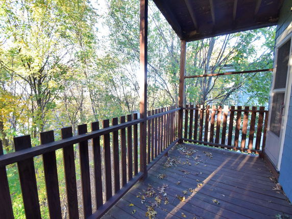 Elevated wooden deck with railing and surrounding trees.