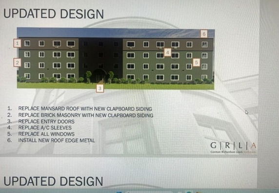 Front view of a multistory apartment building with updated design elements, including new siding and roof.