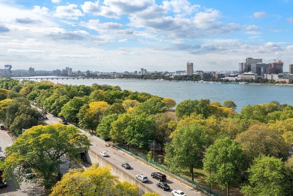 Wide view of a river with a city skyline in the background, surrounded by trees and roads with cars.