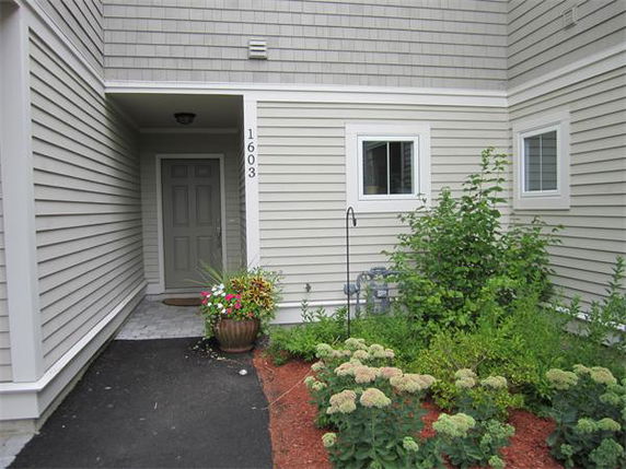 Front view of a house entrance with beige siding and plants.