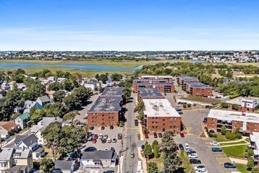 Aerial view of multiple brick apartment buildings surrounded by trees and a waterfront area in the distance.
