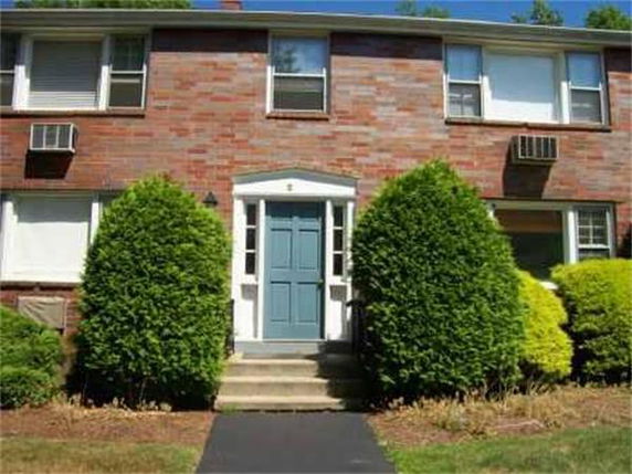 Front view of a two-story brick house with a central blue door and windows on either side.