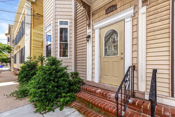 Front view of a house with a beige entrance door and brick steps.