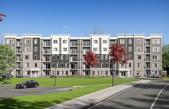 Front view of a multi-story apartment building.