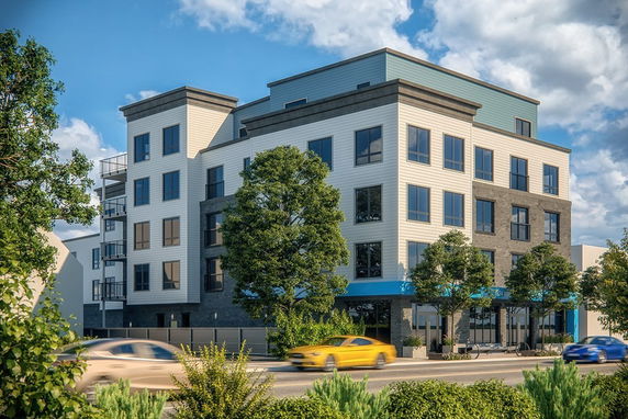 Front view of a multi-story building with modern design.