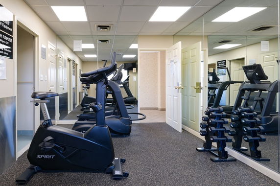 Indoor gym area with exercise equipment and mirrors.