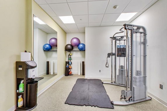 Indoor gym area with exercise equipment and yoga balls.