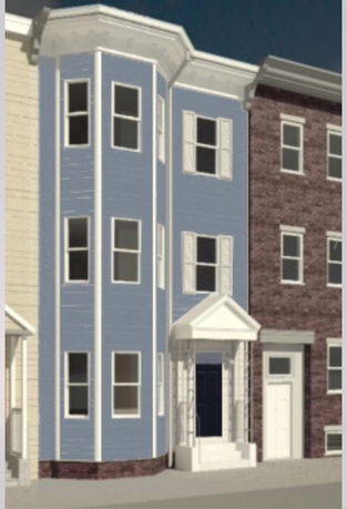 Front view of a multi-story townhouse with a blue exterior.