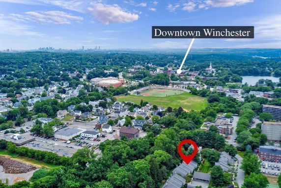 Aerial view of a residential area with greenery and a distant view of downtown Winchester.