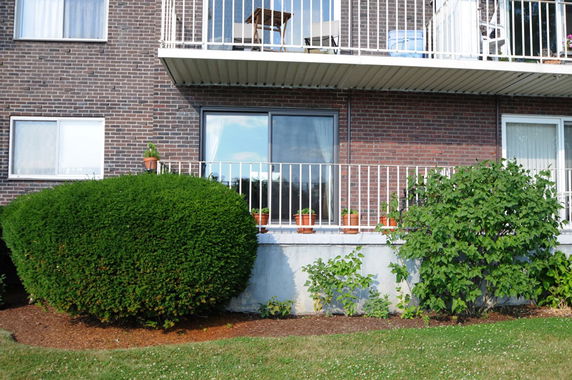 Front view of a multi-story brick building with balconies and potted plants.
