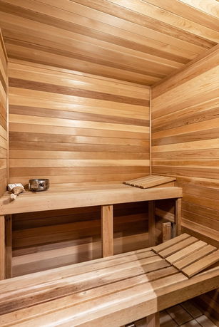 Interior view of a wooden sauna room.