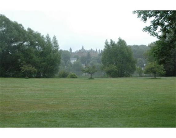 Landscape view with a grassy field and distant building partially obscured by trees.