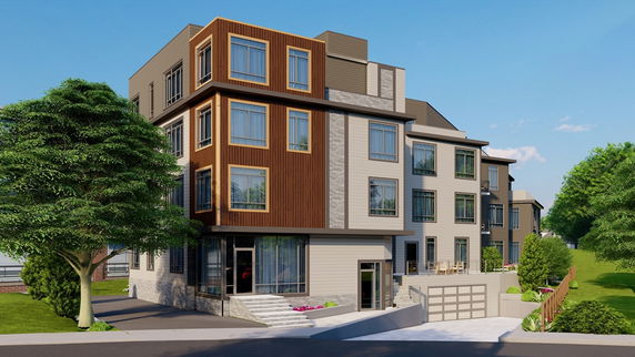 Front view of a modern multi-story residential building with large windows and a mix of wood and stone exterior.