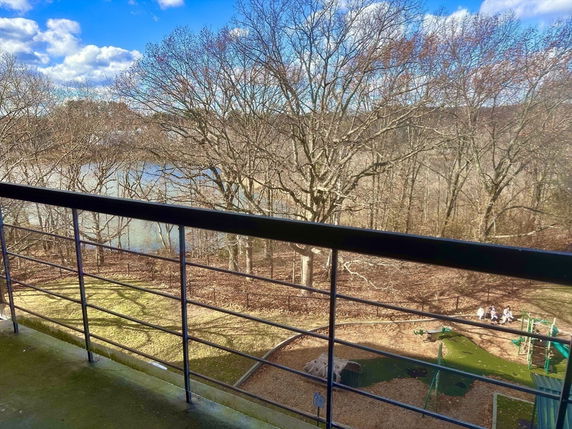 View from a balcony overlooking trees and a distant river with clear blue sky.
