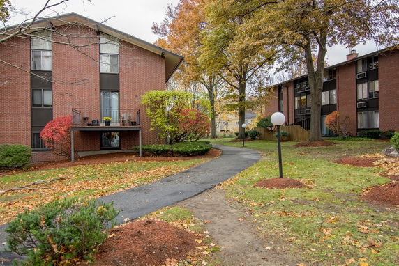 Front view of a multi-story brick building