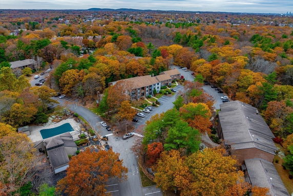 Aerial view of residential buildings surrounded by autumn trees.