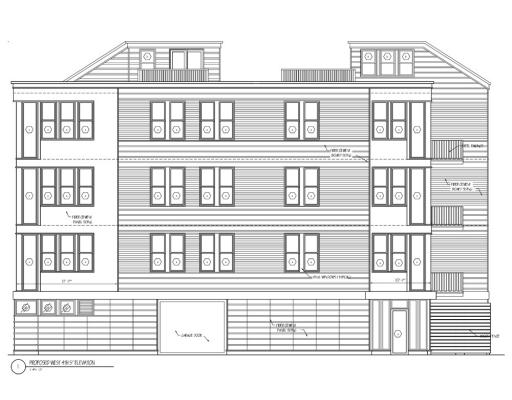 Elevation drawing of a multi-story building with balconies and multiple windows on each floor.