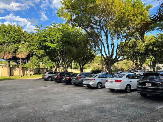 Outdoor parking area with several parked cars under trees.