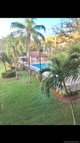 View of a grassy area with palm trees and a fenced swimming pool.