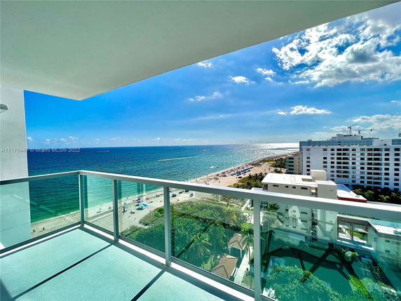 Panoramic view of the ocean and beach from a building