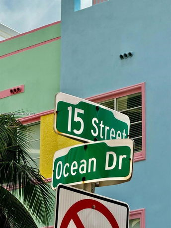 Colorful exterior of a building on the corner of 15 Street and Ocean Drive.