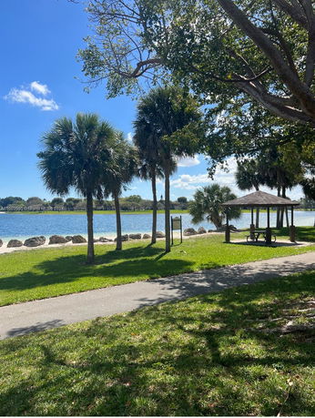 Scenic view of a park with a walking path, palm trees, a lake, and a picnic area.