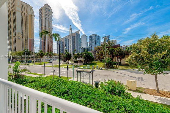 View from a balcony overlooking a cityscape with tall buildings and a clear sky.