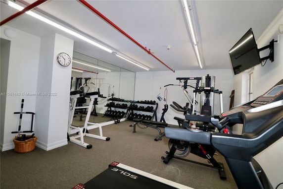 Indoor gym area with various exercise equipment and mirrors.