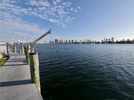 Waterfront view with a dock and a city skyline in the background.