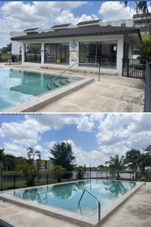Outdoor swimming pool next to a small building with a covered patio.