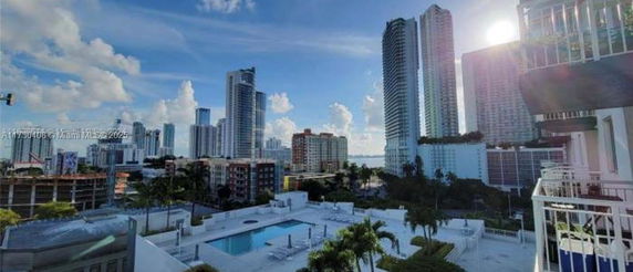 Panoramic view of a cityscape with tall buildings and a rooftop swimming pool in the foreground.