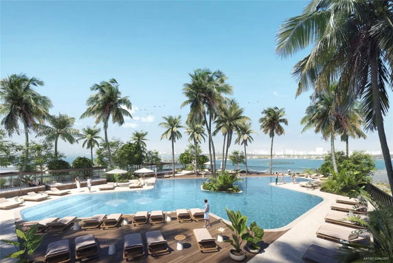 Outdoor swimming pool surrounded by palm trees with lounge chairs and umbrellas.