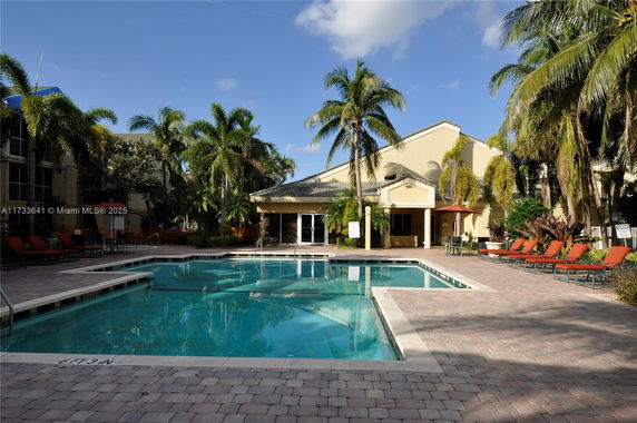 Outdoor swimming pool area with lounge chairs and surrounding palm trees.