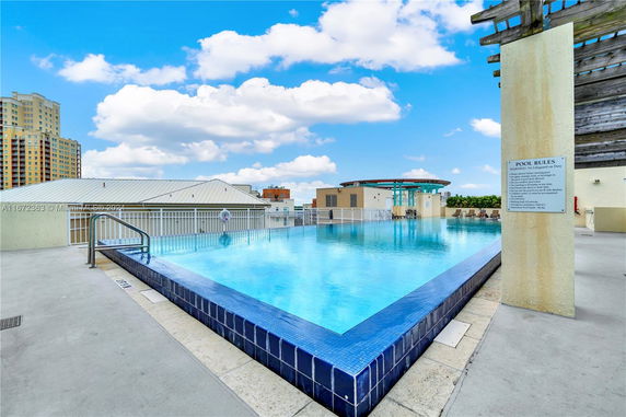Outdoor swimming pool on a rooftop with a clear sky.