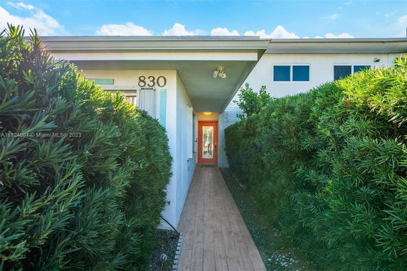 Front view of a house with a narrow walkway and greenery on both sides.