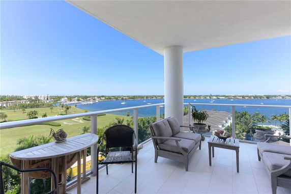 Panoramic view from a balcony overlooking water and greenery.