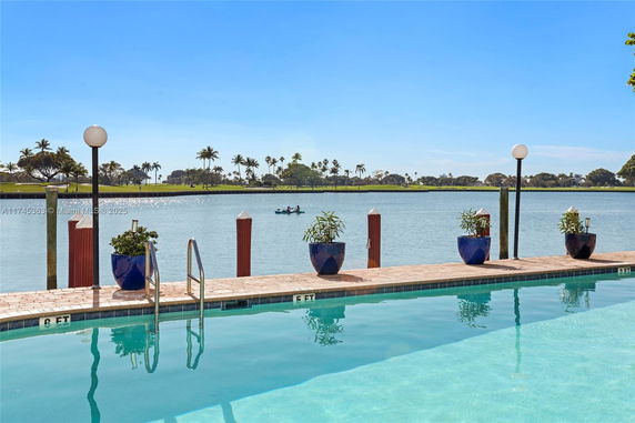 Poolside view overlooking a scenic lake with palm trees on the opposite shore.