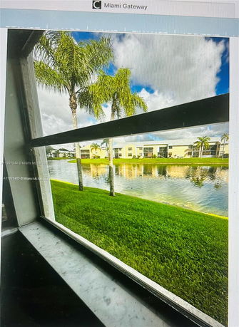 View from a window showing a grassy area, palm trees, water body, and residential buildings in the distance.