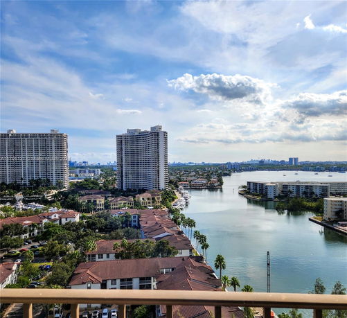 Panoramic view of a coastal area with high-rise buildings and water channels.