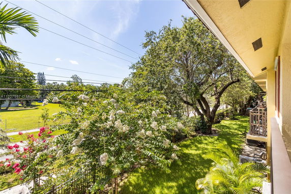 View of trees and greenery from the side of a building.